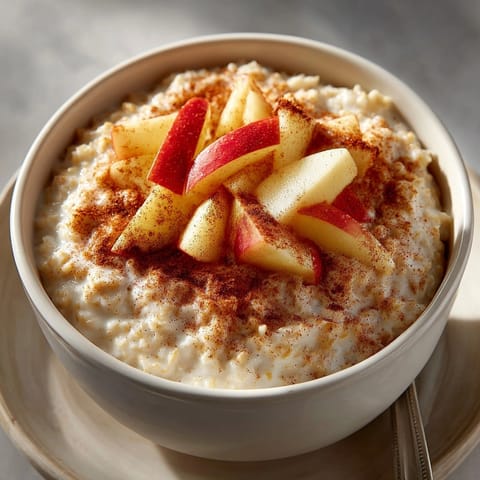 Owsianka z jabłkiem i cynamonem: Kremowa, ciepła owsianka, idealna na jesienne śniadanie, posypana jabłkami i cynamonem.