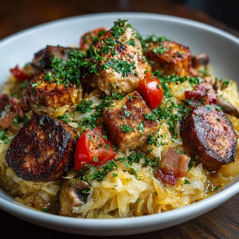 Bigos: Aromatyczny gulasz z kiszonej kapusty, mięs i grzybów. Idealny na rozgrzewający, sycący obiad.