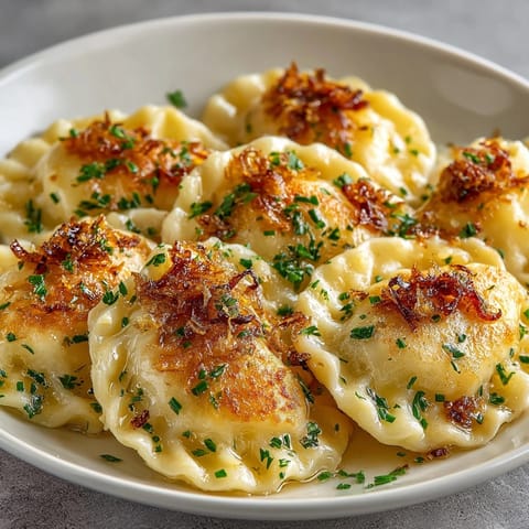 Domowe pierogi ruskie z ziemniakami i twarogiem, idealne na rozgrzewający obiad w chłodny dzień.