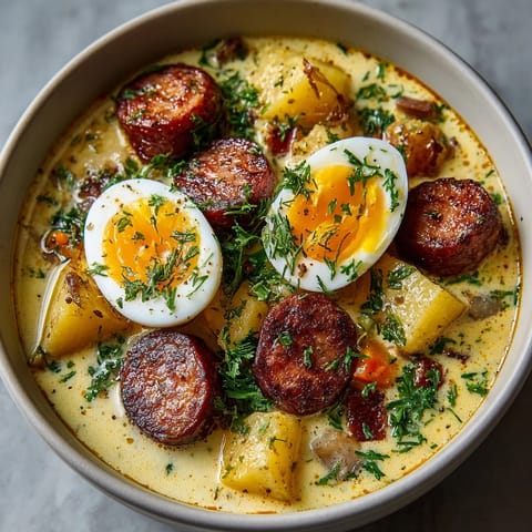 Żurek, soupe polonaise traditionnelle crémeuse et acidulée, parfaite pour les journées froides, servie fumante dans un bol.