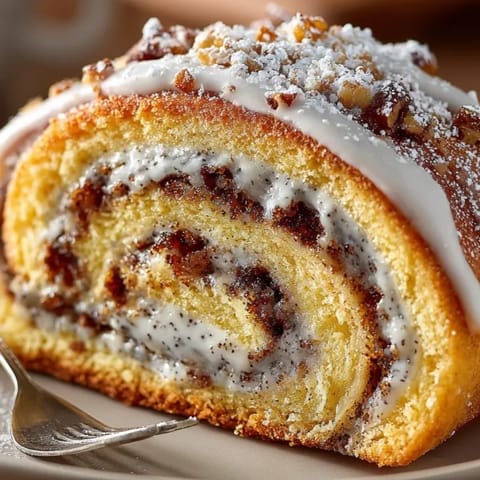 Sliced Classic Poppy Seed Roll showing swirls of sweet poppy seed filling, ready to eat.
