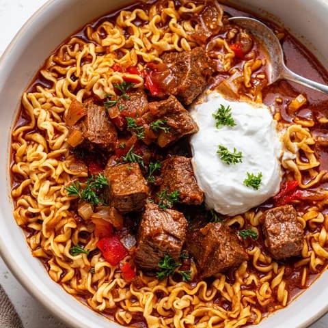 Sycący gulasz wołowy na chrupiących makaronach, idealny na przytulny obiad.  