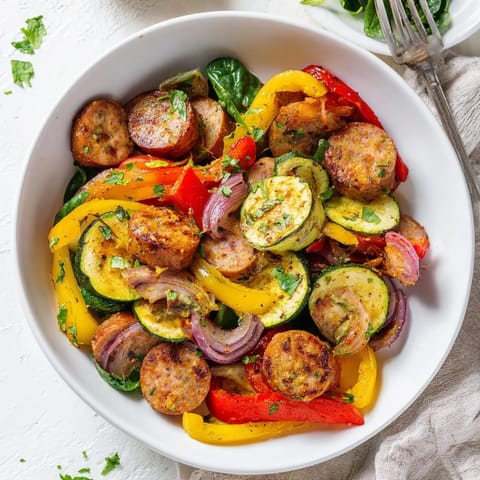 Zmysłowa mieszanka kiełbasy z kolorowymi warzywami w jednej patelni.  