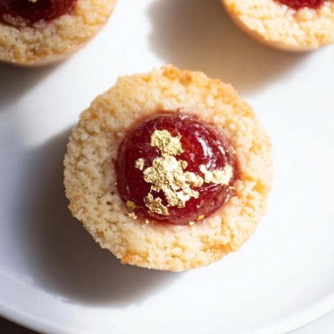 Golden edible gold dust sparkles atop these delicate mini honey-cherry shortbreads, perfect for a treat.