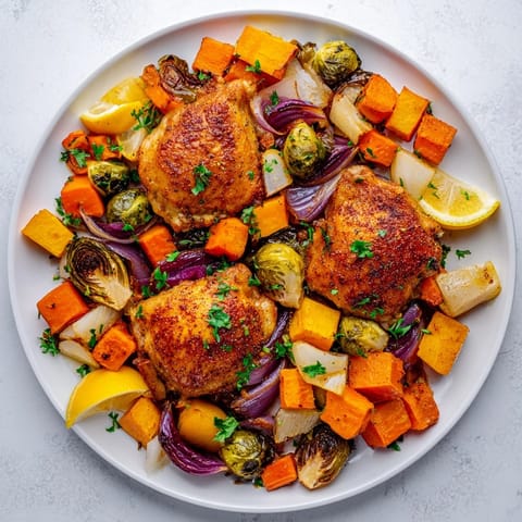 Pyszne jednorynkowe pieczone warzywa zimowe z kurczakiem, gotowe do podania z świeżymi ziołami i sokiem z cytryny.