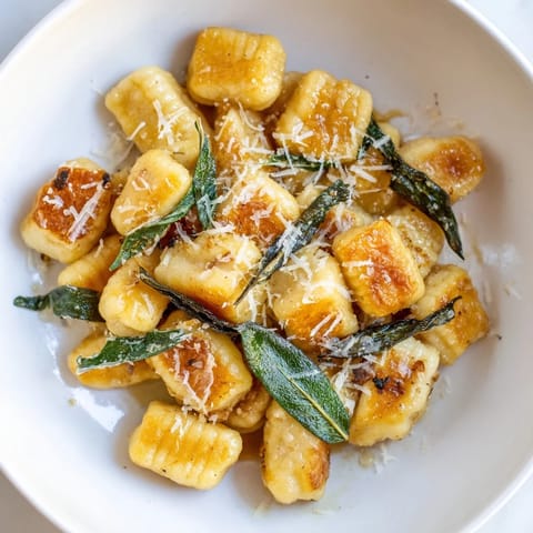 Apetyczne, panierowane gnocchi wprost z patelni, skąpane w brązowym maśle i szałwii, gotowe do podania.