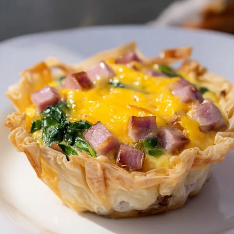 Close-up of freshly baked Mini Ham, Cheese & Spinach Quiches, ready to enjoy with a side.
