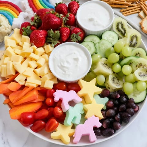 A visually stunning Unicorn Party Platter, overflowing with rainbow treats and savory snacks, ready to enjoy.
