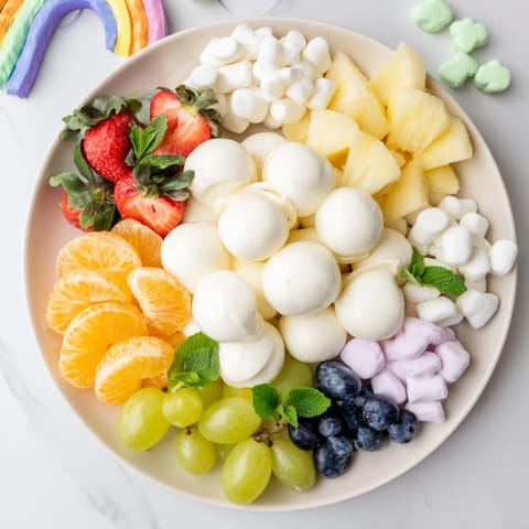 A beautiful Cloud & Rainbow Grazing Board, a visually stunning party appetizer full of fresh foods.