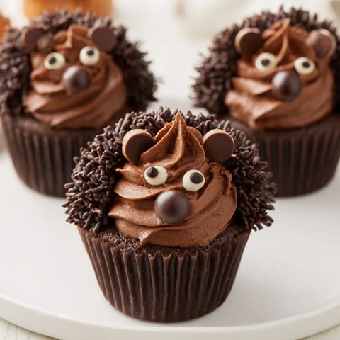 A close-up of a delightful Hedgehog Cupcake Tower, showcasing chocolate frosting and detailed decorations.