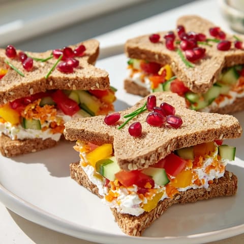 Crown Jewels Star-Shaped Sandwiches prezentują się jako wspaniała opcja przekąski, udekorowane świeżymi pomidorami i ziołami.