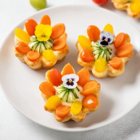 These whimsical fairy garden flower shaped snacks feature cheerful carrot and pepper decorations.