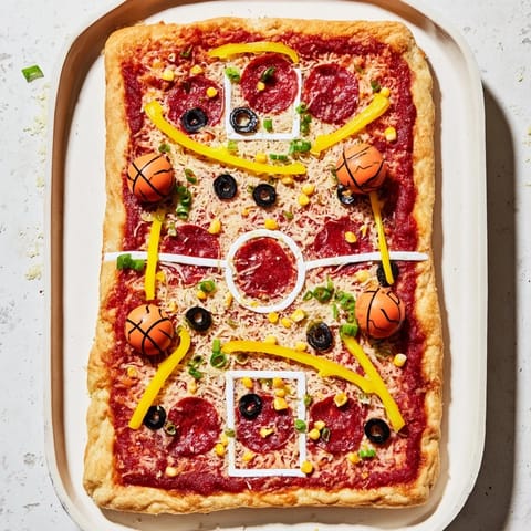 A playful, crowd-pleasing pizza designed to look like a basketball court, complete with fun free throw topping shots. Perfect for sports parties or family nights.