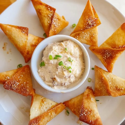 Pyszne, chrupiące Air Fryer Lumpia Chips zanurzone w bogatym Chicken Cream Cheese Dip.