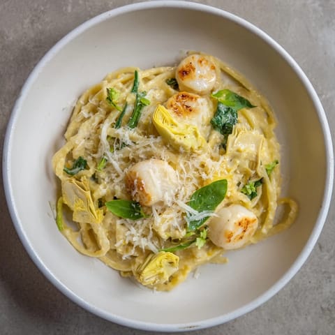 Savory creamy lemon artichoke pasta, featuring tender artichokes and a rich, decadent sauce.