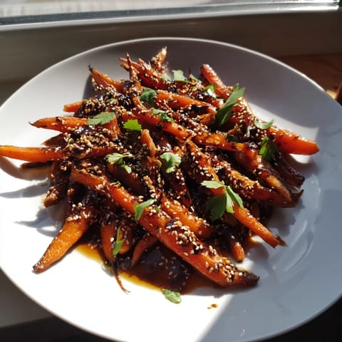 Soczyste, błyszczące miodem i sosem sojowym pieczone marchewki, ozdobione ziarnami sezamu, gotowe do podania.