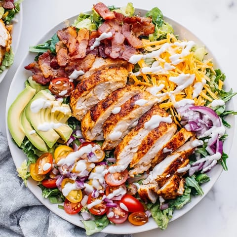 Freshly assembled crispy bacon chicken salad, a flavorful American dish with juicy chicken and bacon.