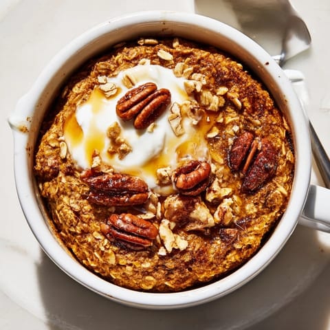 Golden-brown pumpkin spice baked oats fresh from oven, capturing aromatic cinnamon and nutmeg aromas for fall.