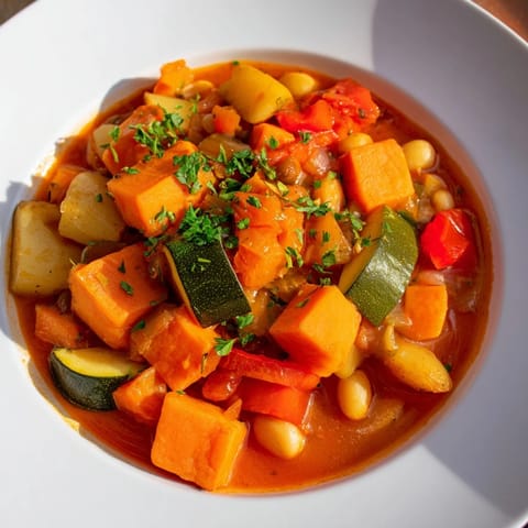 Hearty Vegan Sweet Potato Stew, a close-up with diced potatoes and rich tomato broth.