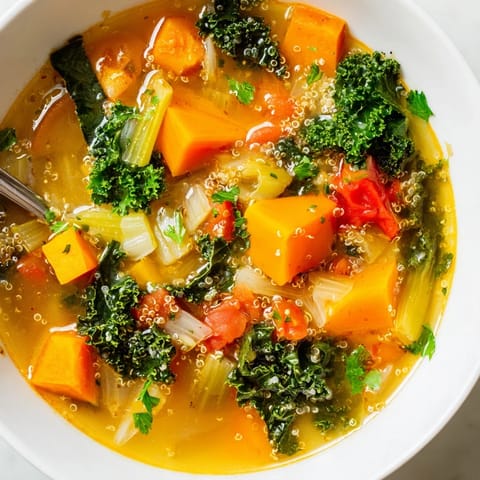 Close-up of a vibrant Nourishing Winter Veggie Soup, perfect for a cozy, gluten-free winter meal.