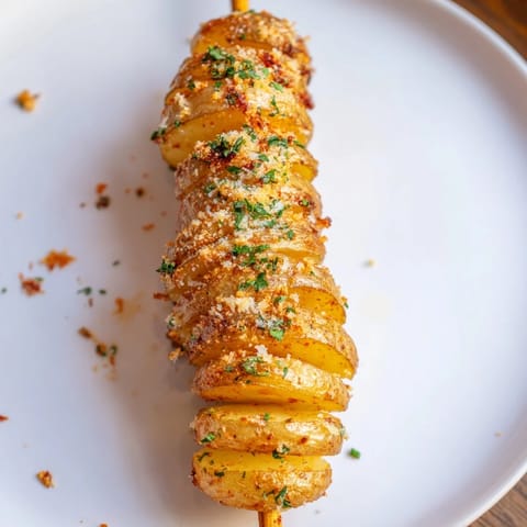 Spiralized Tornado Potatoes, a fun and delicious snack, baked to a crispy golden hue.