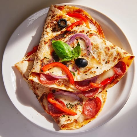 Golden-brown, folded Tortilla Pizza Wrap: a quick and easy, crispy snack perfect for lunch.