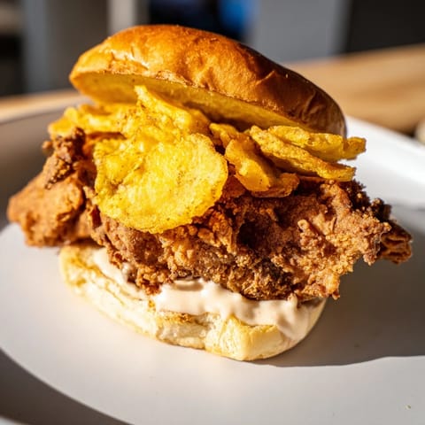 Smakowita kanapka z kurczakiem i cebulą: chrupiące kawałki z sosem aioli i maślaną brioche.