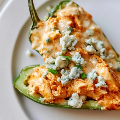 A close-up of Buffalo Wing Poppers on a platter, garnished with chives and extra tangy sauce.