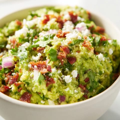 Bacon Guacamole With Cotija Cheese is garnished with jalapeño, cilantro, and lime wedges.