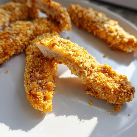 Złociste, chrupiące paski kurczaka z frytkownicy powietrznej, idealne do maczania w sosie.