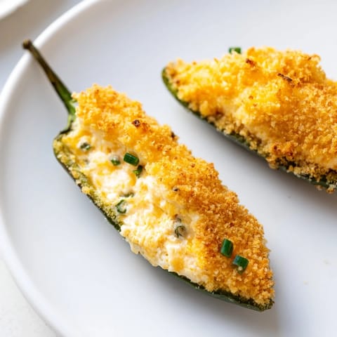 Złociste, chrupiące Air Fryer Jalapeño Poppers z serem, serwowane gorące jako pikantna przekąska.