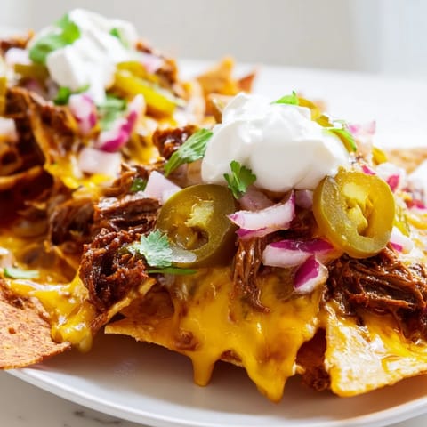 A close-up of baked BBQ beef nachos featuring melted cheese, sour cream drizzle, and pickled jalapeños.  