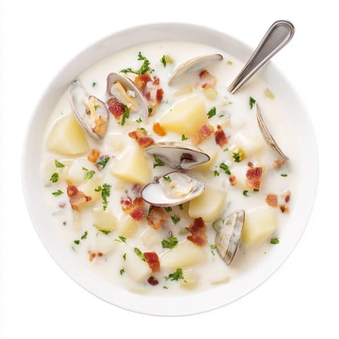 A close-up of New England Clam Chowder ladled into a white bowl, garnished with fresh parsley and served with oyster crackers.  