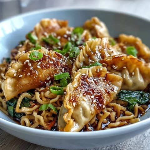 Tender noodles and savory potstickers are tossed with crisp vegetables and finished with green onions and sesame seeds for an easy, one-pan meal.