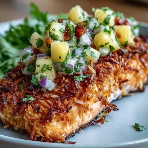 Świeże filety łososia w chrupiącej panierce z kokosa i panko, podane z tropikalną salsą z ananasa.