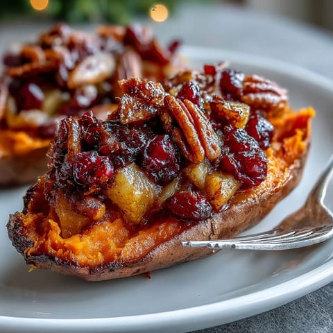 Warm Cranberry Apple Twice Baked Sweet Potatoes drizzled with maple syrup and garnished with sliced almonds.  