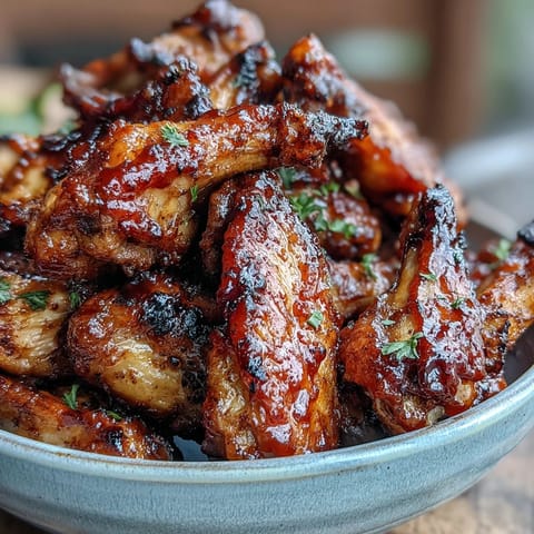 Up close shot of golden brown Guava BBQ Glazed Chicken Wings on a wire rack, glistening with sticky, sweet glaze.
