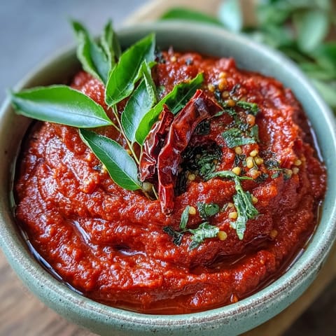 Czerwona, gęsta guava chutney w misce z pokrojonymi w kostkę dojrzałymi gujawami, zielonymi chilli i świeżą kolendrą, gotowa do podania z idli lub dosa.