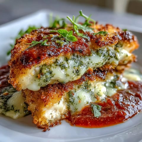 Served hot alongside spaghetti and garlic bread, this Pesto Chicken Parmesan makes a hearty Italian-American meal.