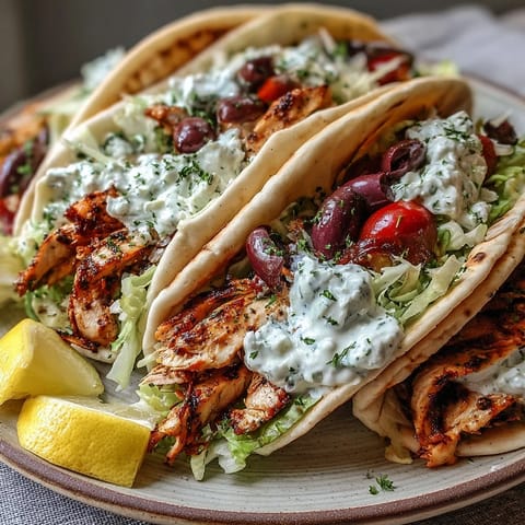 Soczyste, marynowane udko kurczaka z chrupiącymi warzywami w pity z sosem feta i tzatziki.