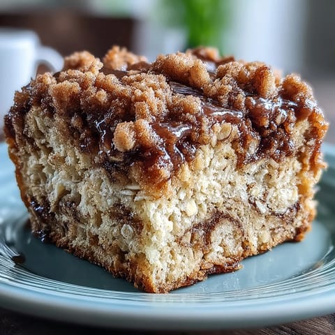 Freshly baked High-Protein Cinnamon Swirl Coffee Cake Oats in a ceramic dish, showcasing golden crumble topping and warm cinnamon swirls, ready to serve for breakfast. 