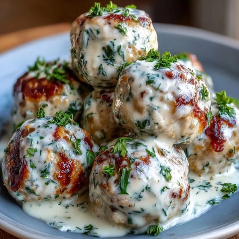 Golden Creamy Garlic Ranch Turkey Meatballs in a garlicky cream sauce, ready to serve.