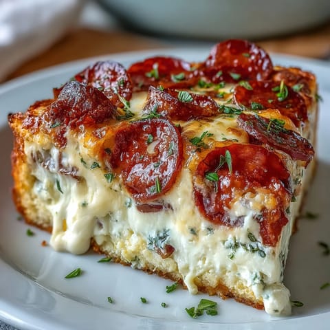 Na wierzchu widoczne są jajka, plasterki indyczego pepperoni, stopiony ser mozzarella i cheddar oraz posiekana natka pietruszki.