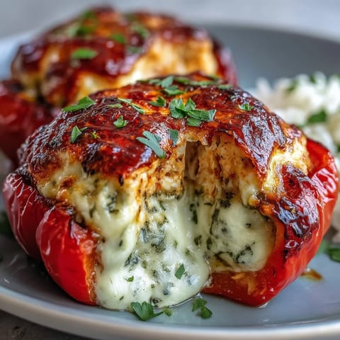 Golden stuffed peppers sit on a rustic plate next to fresh salad and crusty bread.