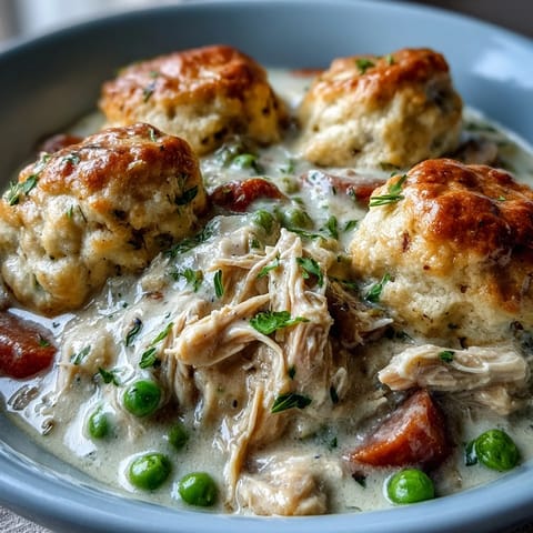 Slow Cooker Ranch Chicken & Dumplings steaming in a creamy stew with fluffy drop biscuits.