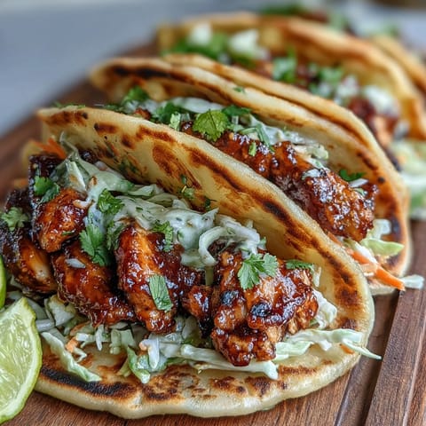 Two Honey Garlic Naan Chicken Tacos stuffed with glazed chicken and tangy slaw, garnished with cilantro.