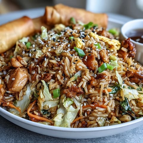 Crispy Chicken Fried Rice with Egg Roll Flavors served in a white bowl with chopsticks and fresh green onions.