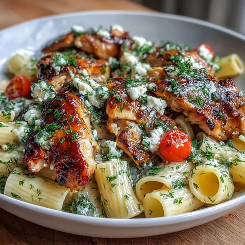 A warm skillet of Roasted Garlic & Feta Chicken Pasta, topped with crumbled feta and cherry tomatoes.