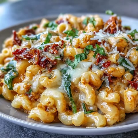 Bowl of Creamy Tuscan Chili Mac with Parmesan and fresh basil, paired with a glass of white wine on a rustic wooden table.
