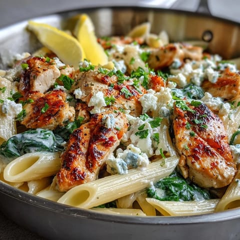 A close-up of Greek Chicken Feta Pasta Skillet garnished with fresh parsley and lemon wedges.